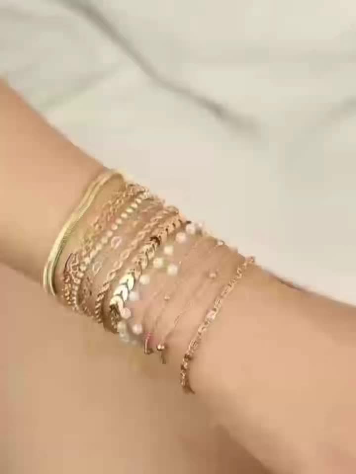 12pcs Elegant Faux Wheat Chain Multi-Layer Bracelet Set with Rhinestones