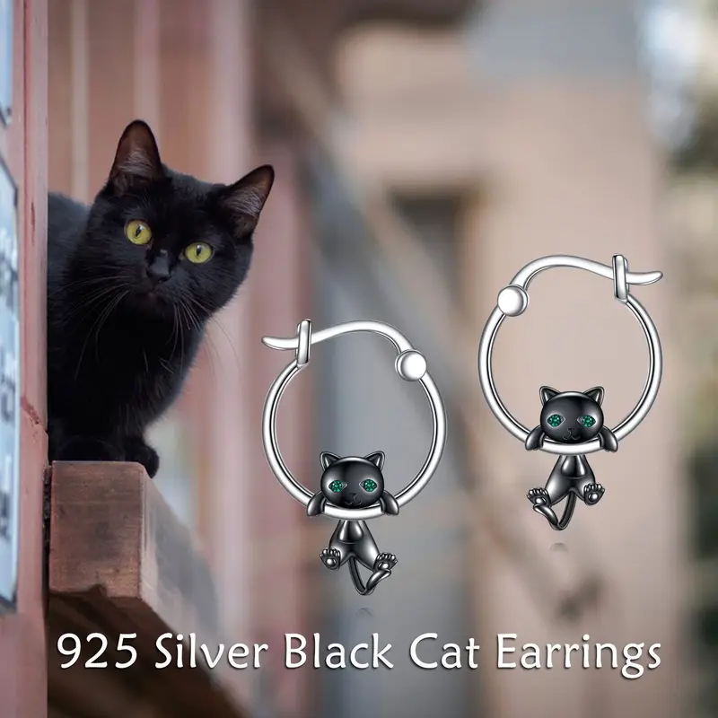 925 sterling silvery black cat ear dangle earrings cute cartoon hypoallergenic synthetic stone no power needed daily wear gift cat accessories casual jewelry minimalist jewelry durable jewelry Product details 3
