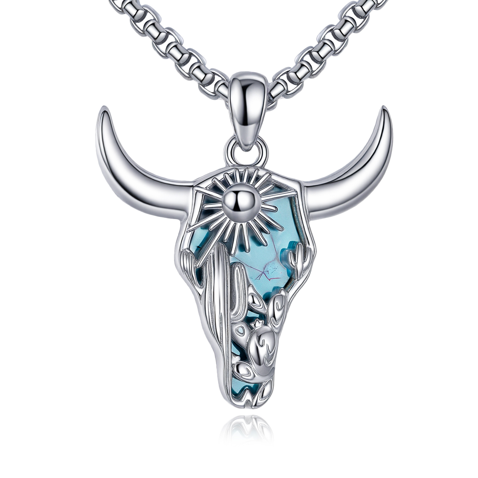 Women's 925 Sterling Silver Cow Skull & Cactus Pendant Necklace