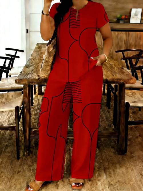 womens summer casual two piece set short sleeved top and casual long pants a popular with printed artistic patterns