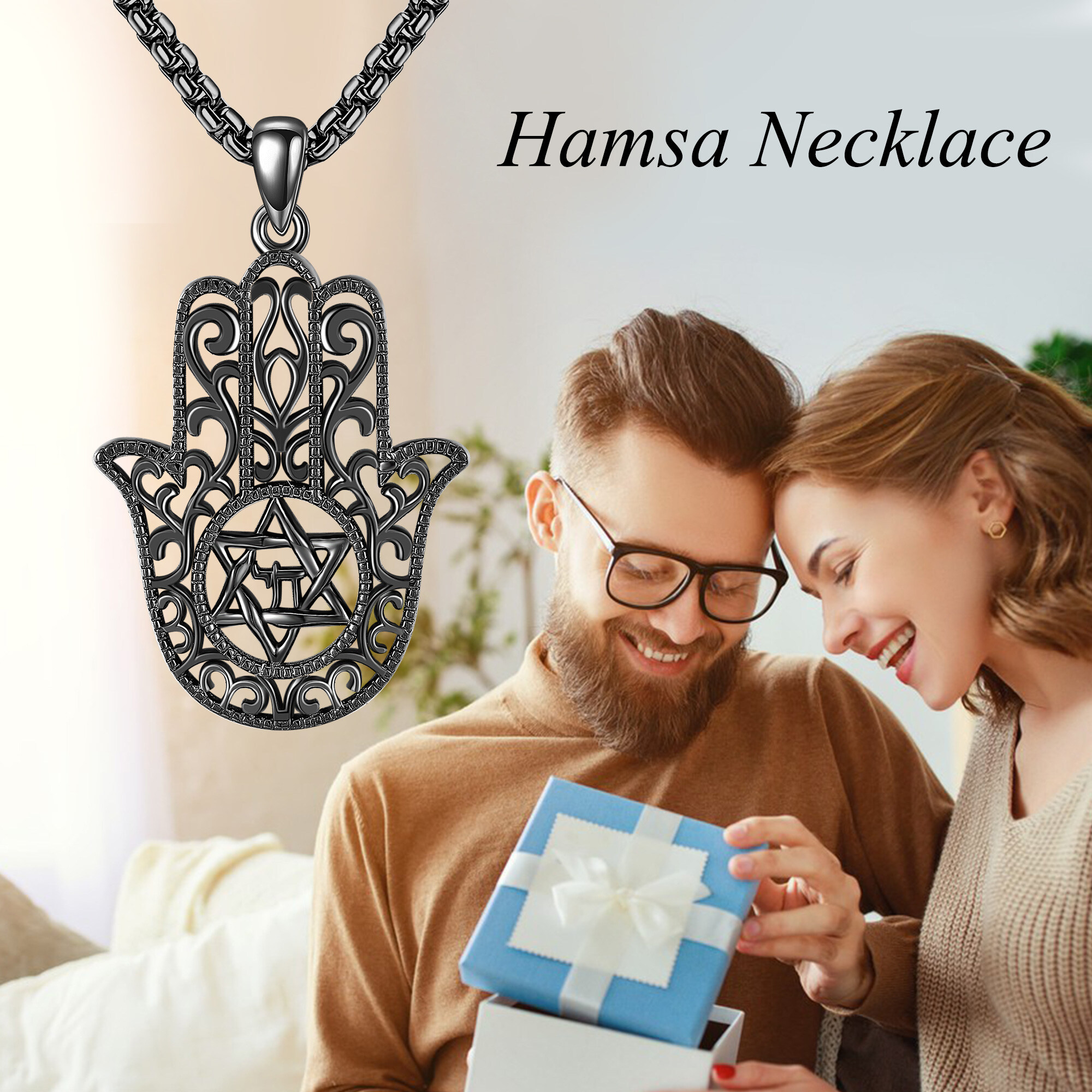 925 Sterling Silver Hamsa Necklace with Gun Black Plating