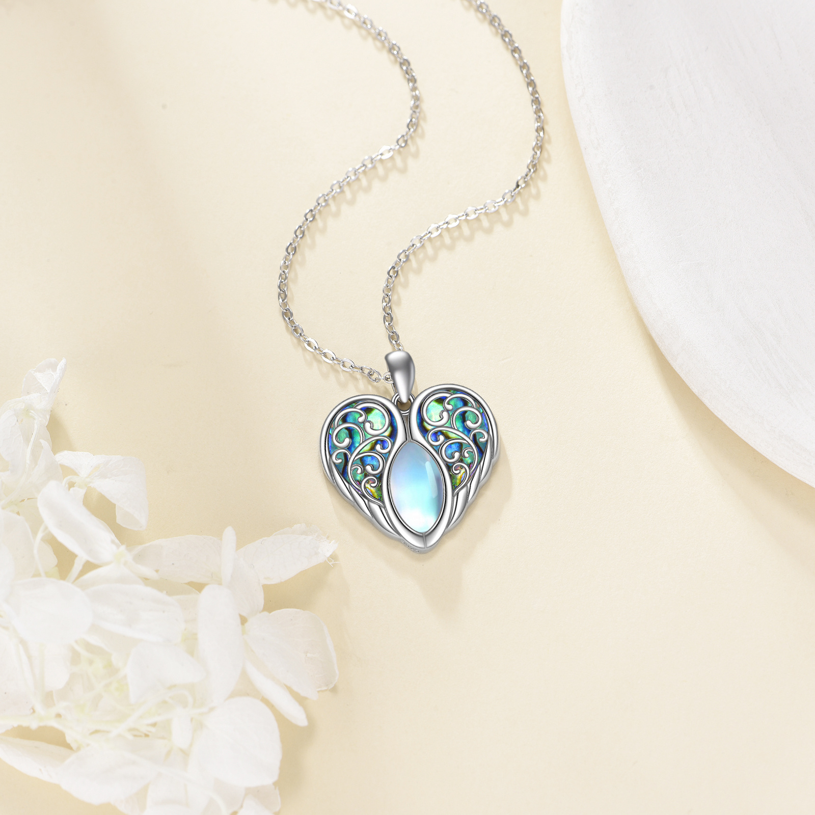 925 Sterling Silver Abalone Shell Angel Wings Moonstone Necklace