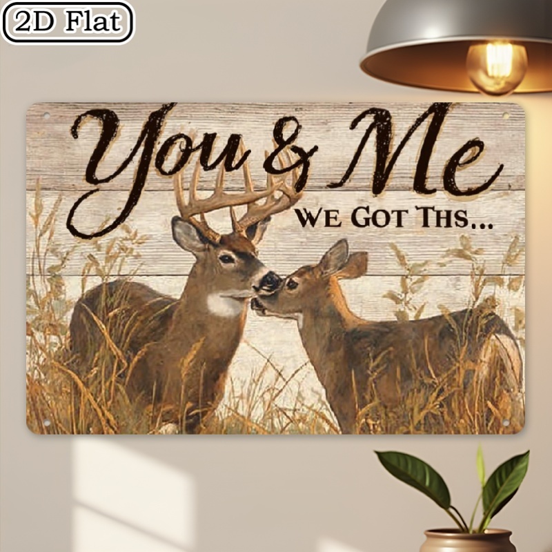 TEMU 2d Flat - 12x8 Inch Retro Rustic Metal Wall Art Featuring A Deer - Farmhouse Style Iron Decor With Floral Writing & Deer Design, Aged For Living