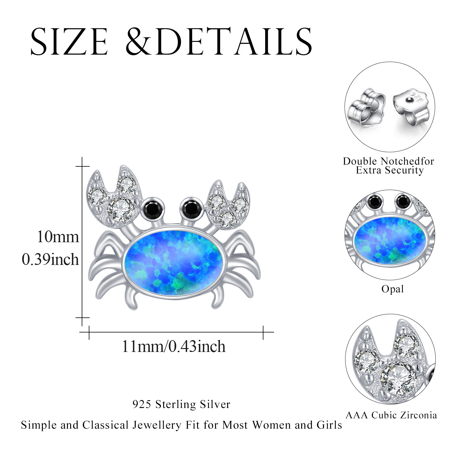 Women's Cute Blue Crab Earrings in 925 Sterling Silver