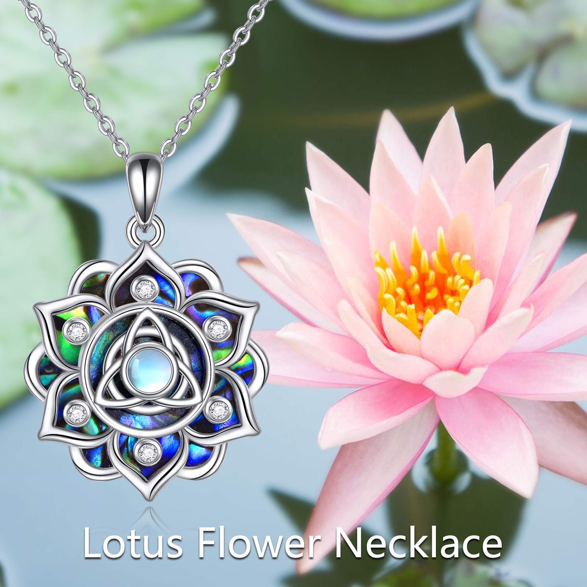 Sterling Silver Moonstone Lotus Necklace with Celtic Knot