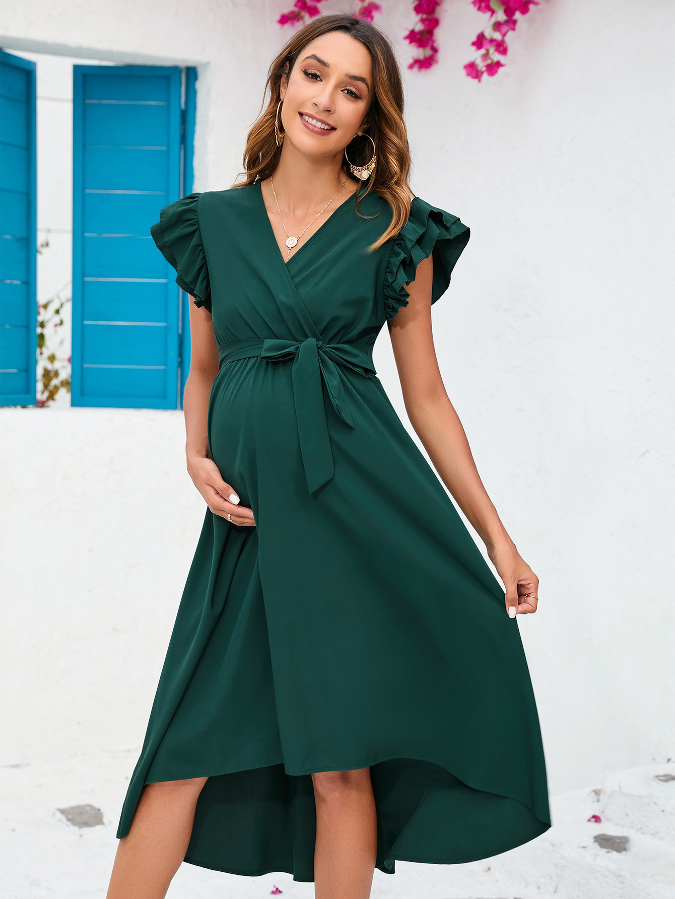 womens maternity v neck wrap dress casual hi low midi tie - Temu