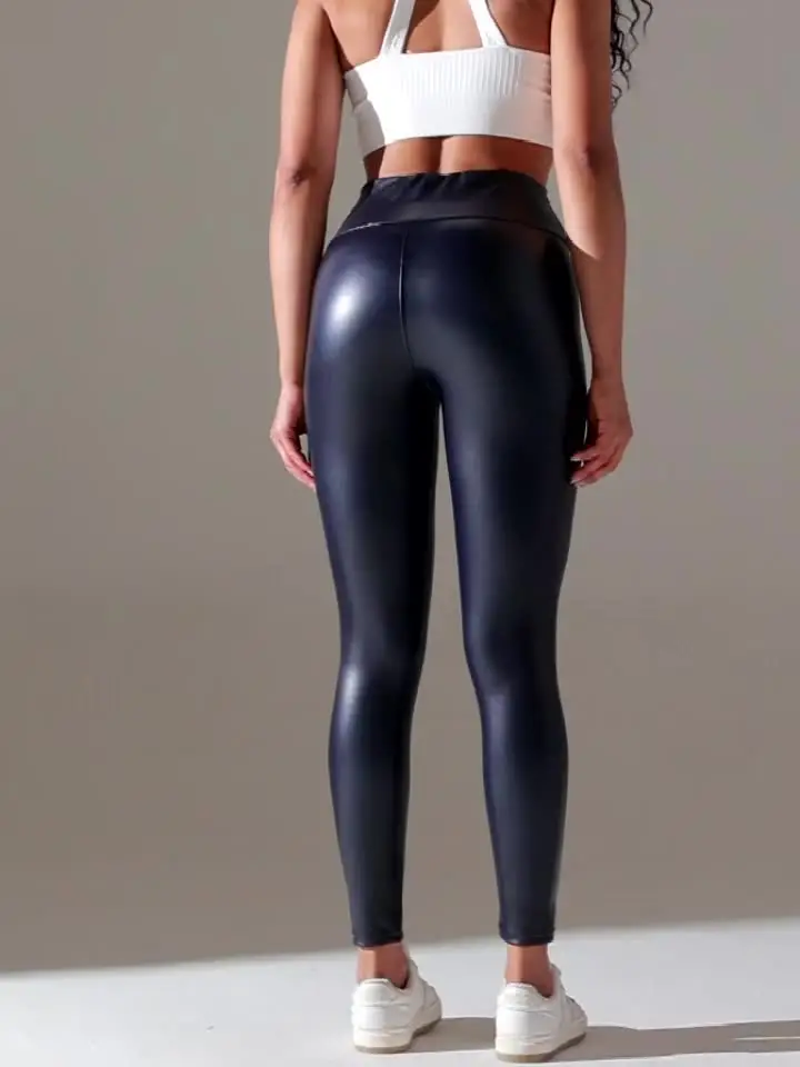 High waisted black shiny spandex leggings