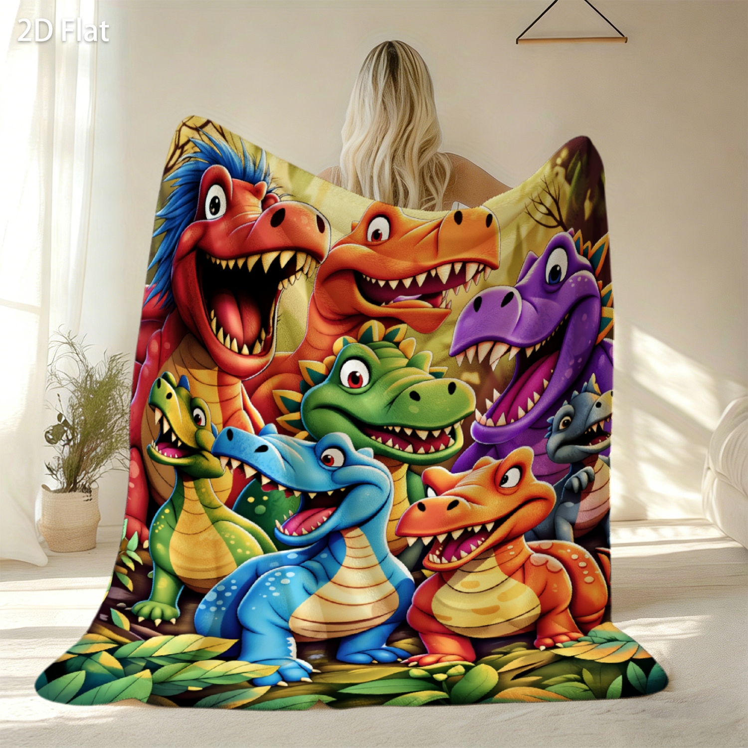 TEMU 2d Flat, Joocar Cartoon Dinosaur Group, Fleece Throw Blanket, Soft Plush Texture, Colorful Smiling , Birthday Gift 1pc, 280gsm