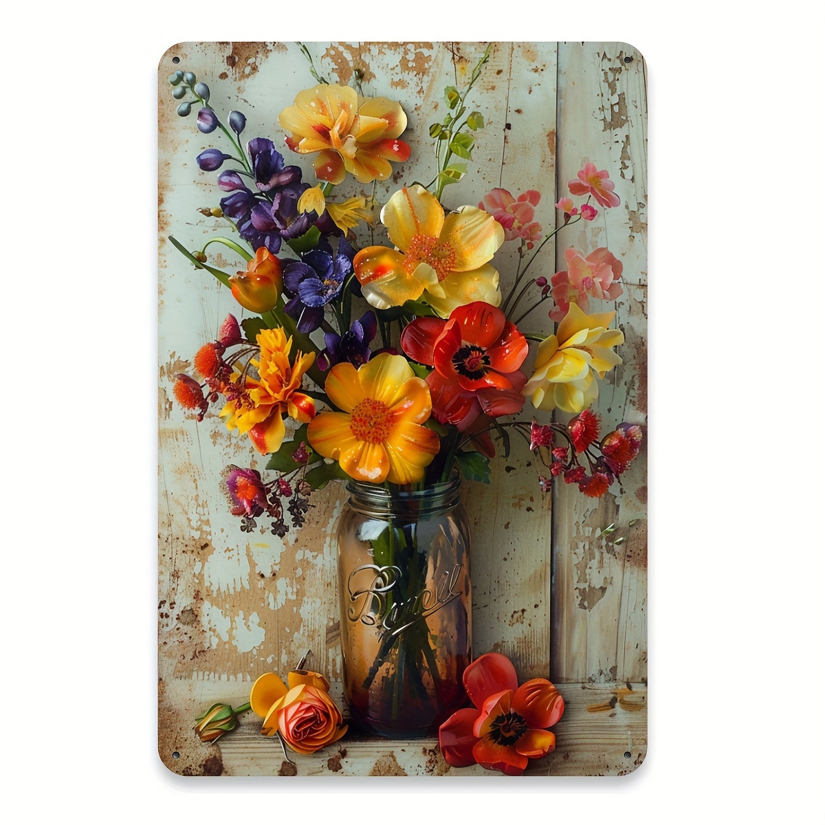 TEMU 2d Flat, 1pc Vintage Metal Wall Art With Glass Jars & Nostalgic Flowers - Floral Iron Sign Suitable For Nautical, Room, Wedding, Shower & Home