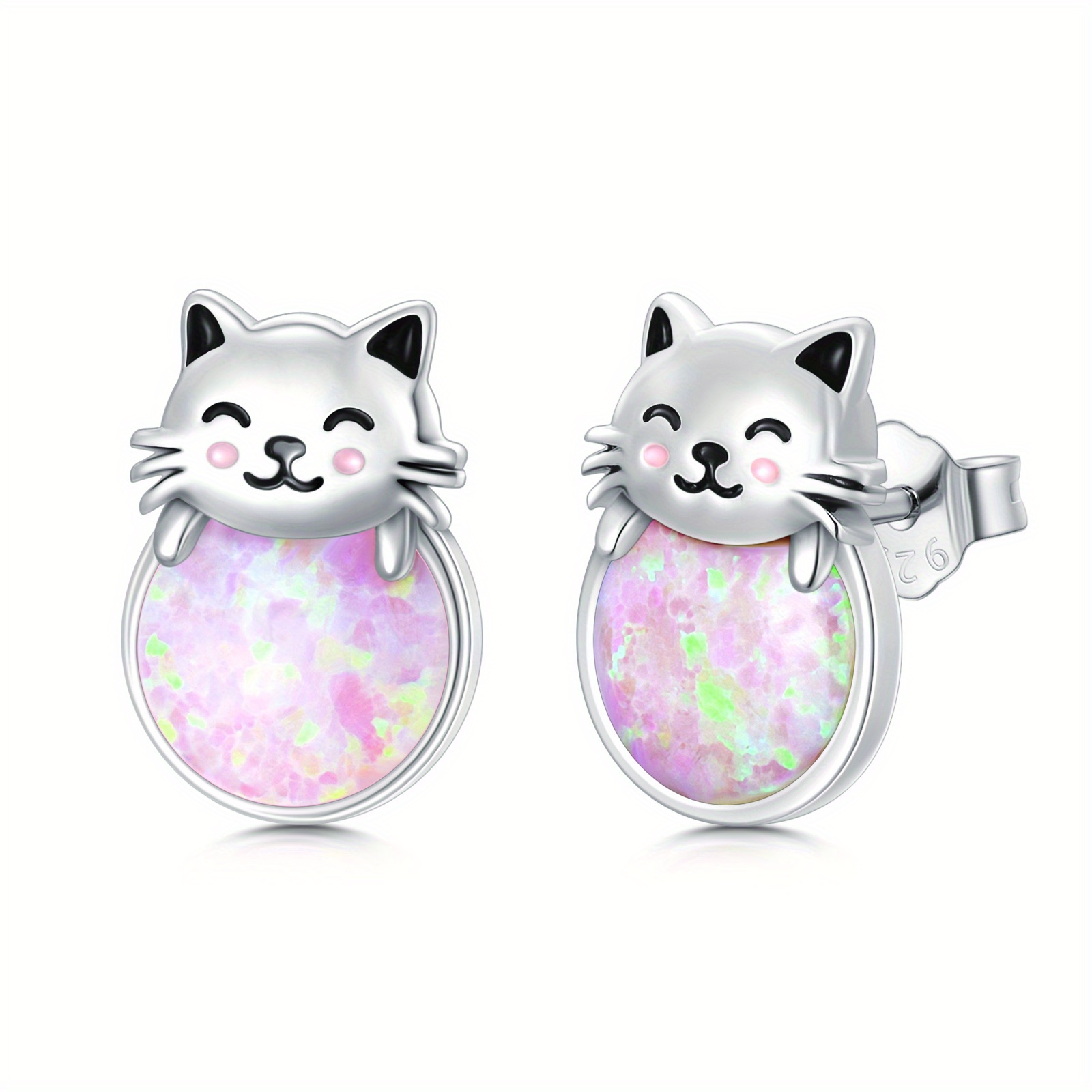 Opal Cat Stud Earrings Women Jewelry