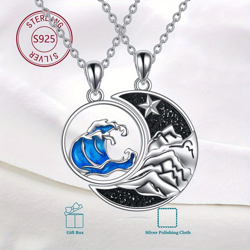 Yfn Matching Necklace For Couples Sterling Silvery Mountain Ocean Wave Valentine's Day Gifts For