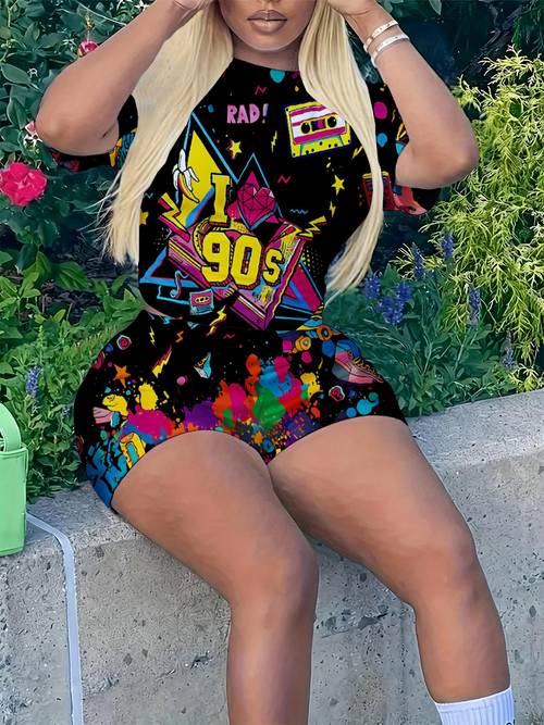 womens summer 3d print 90s retro cassette tape roller skate short sleeve crew neck t shirt shorts set soft breathable lightweight fabric loose relaxed fit retro vintage outfit summer casual daily wear perfect gift family gifting