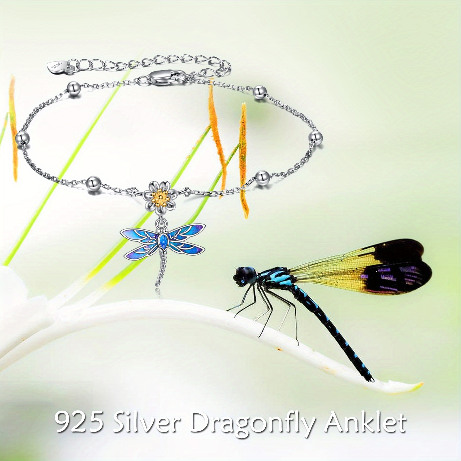 Sterling Silver Dragonfly Flower Anklet for Women