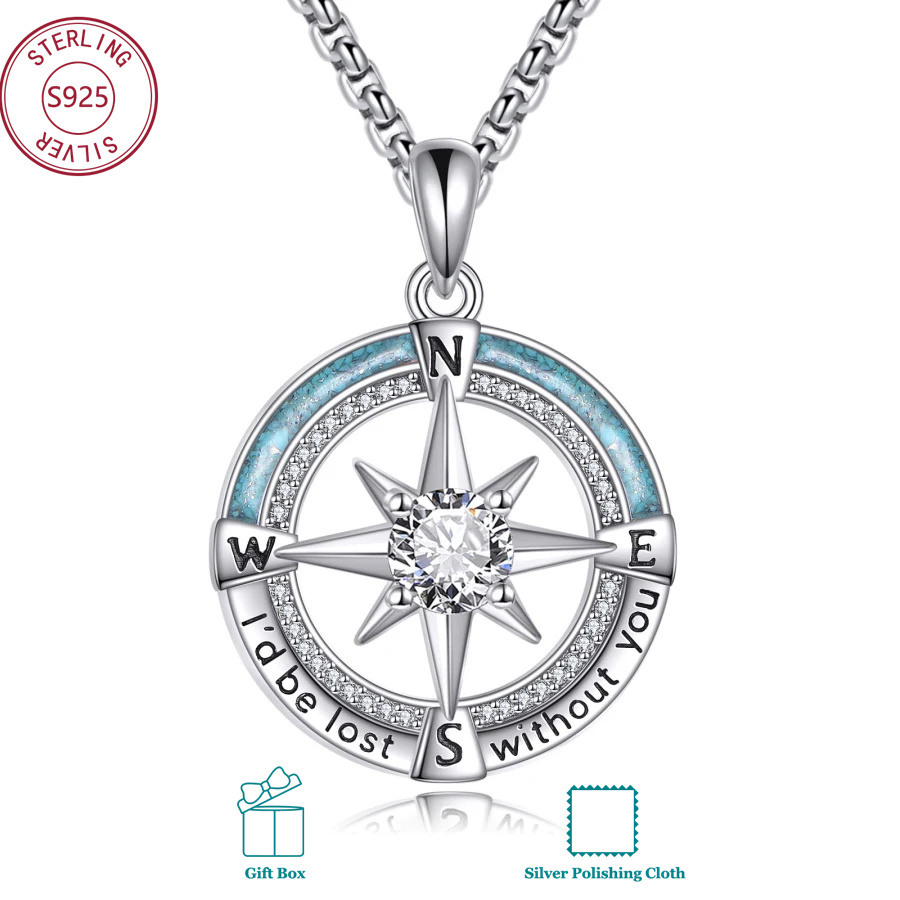 925 Sterling Silver Chip Compass Necklace With Synthetic Zirconia, Unisex Daily Wear, Birthday And Valentine's Day Gift, Meaningful Present For , High-quality Gemstone, Exquisite
