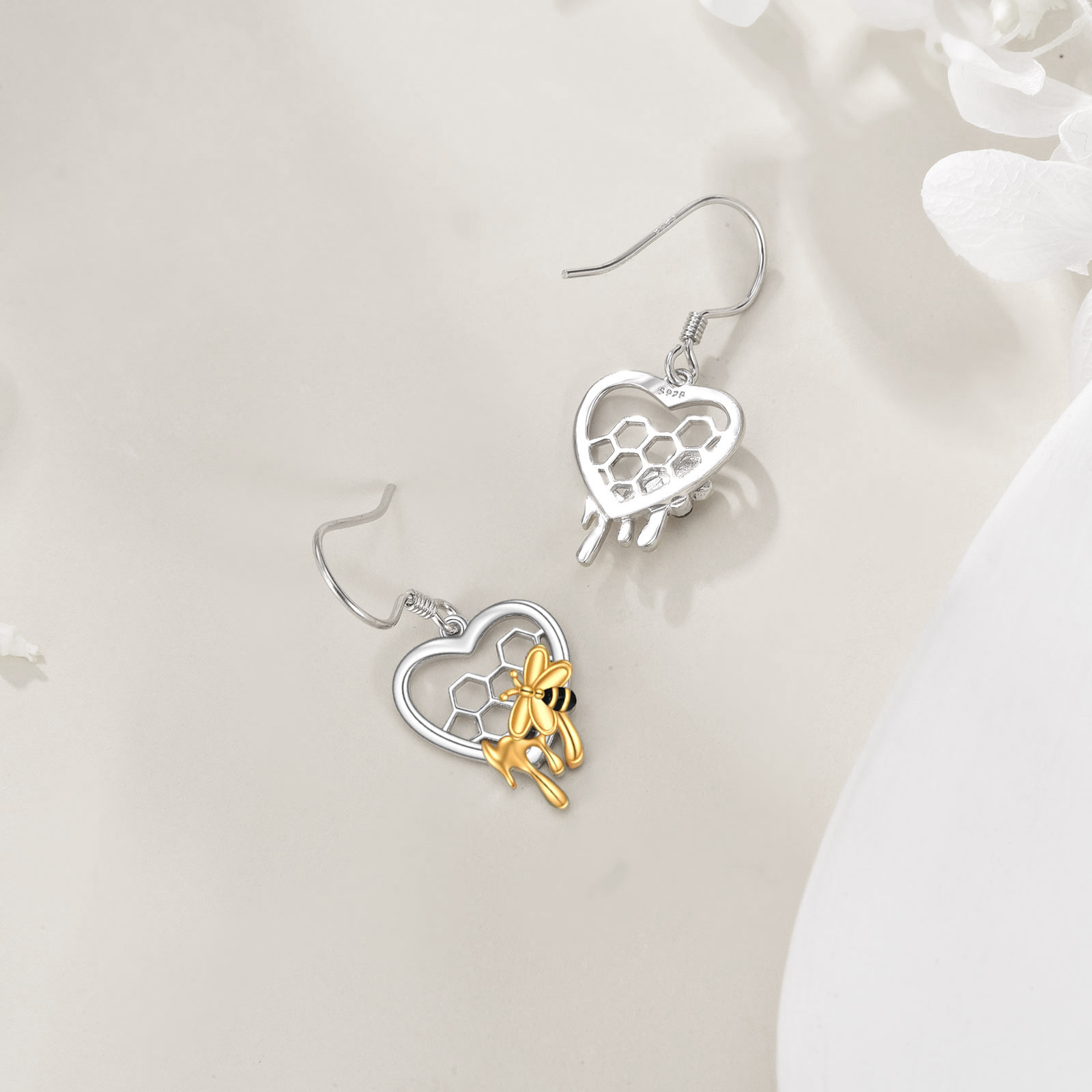 Women's 925 Sterling Silver Bee Heart Honeycomb Dangle Earrings