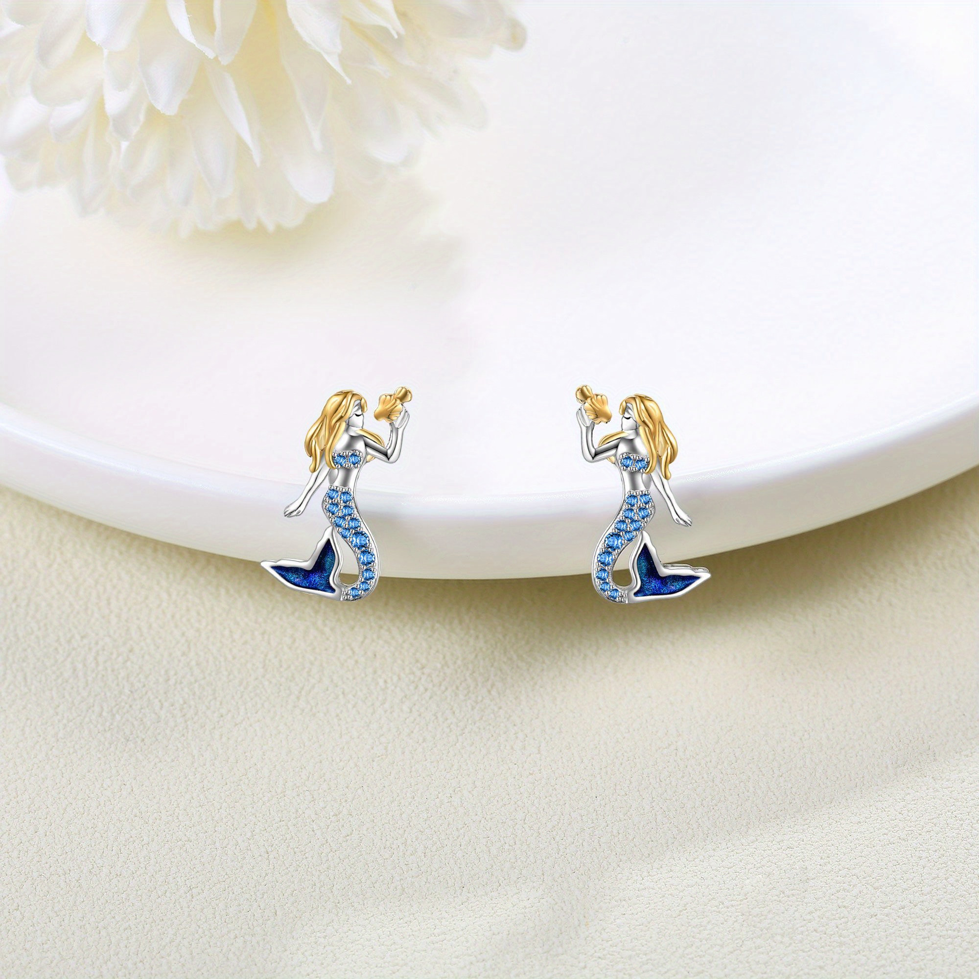 Women's 925 Sterling Silver Mermaid Stud Earrings, Ocean-Inspired