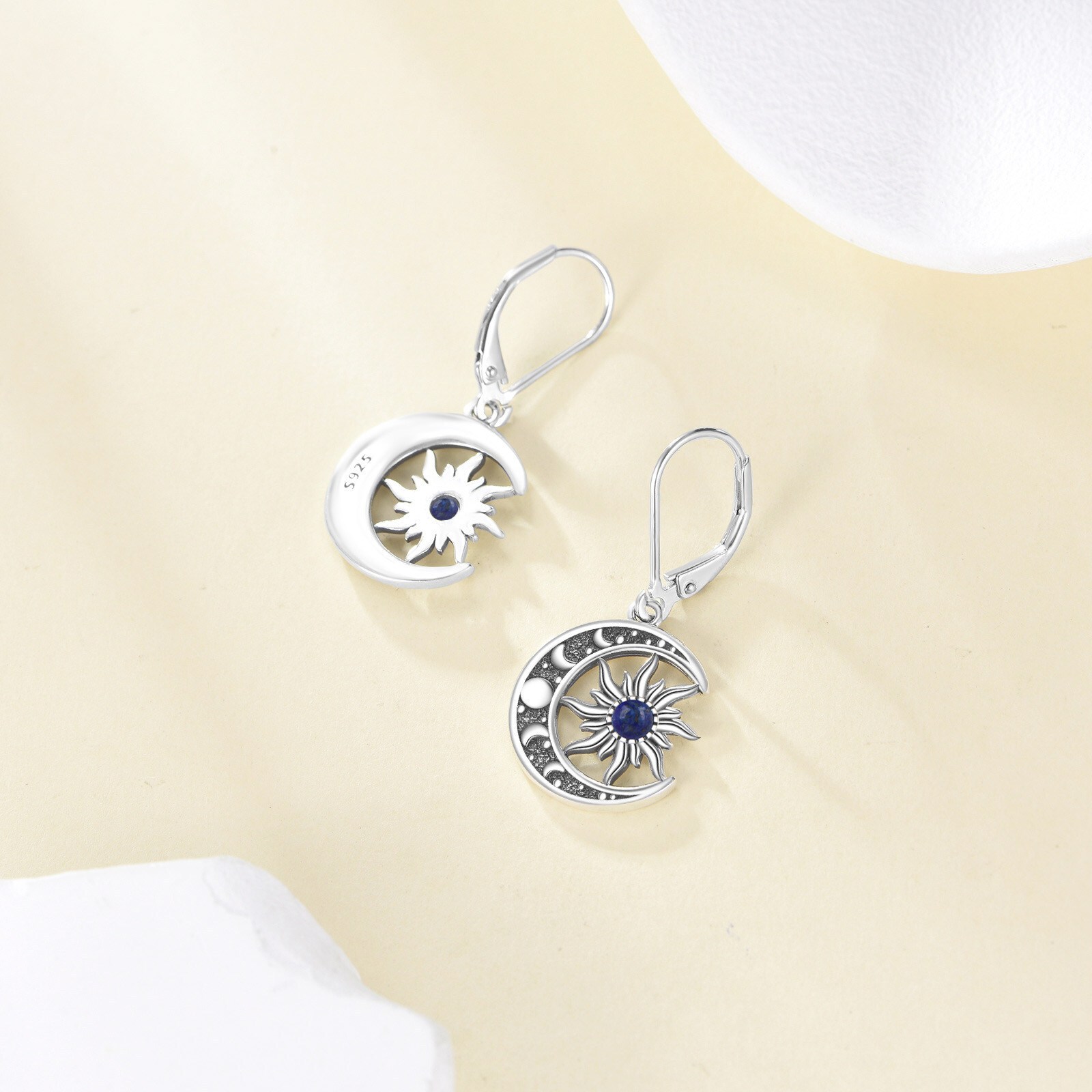 Women's 925 Sterling Silver Sun & Moon Dangle Earrings with Lapis Lazuli