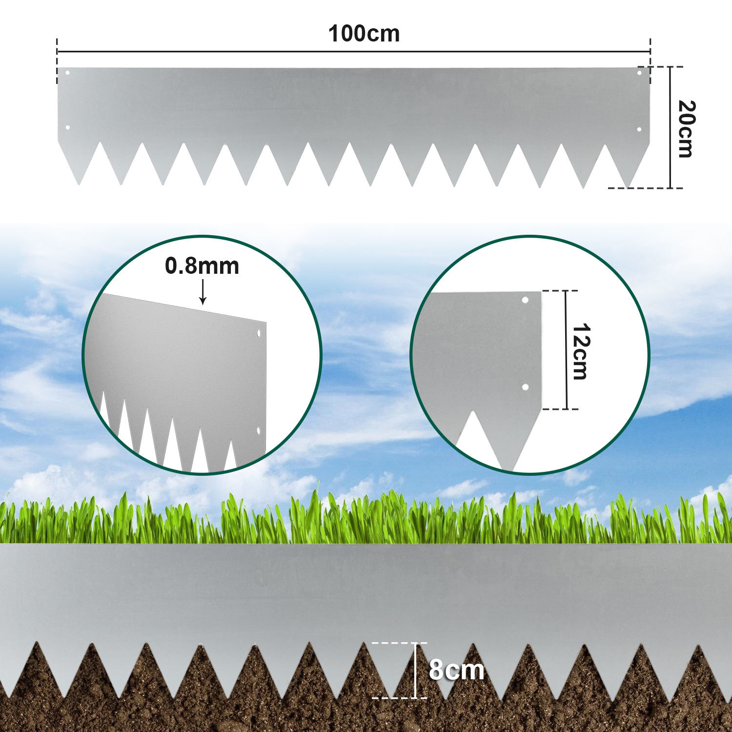 E-shop 【2.5D】 [2.5D] Schwarze/Rostrote/Silberne Rasenkanten Metall Blumenbeet Kanten mit Spitzen Blumenbeet Kanten Rasenkanten Galvanisierte Blumenbeet