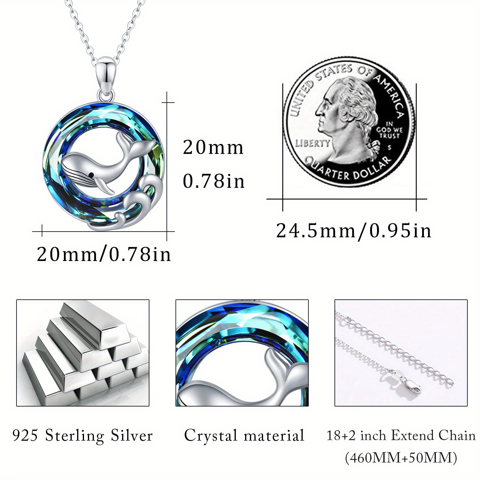 Women's Whale Necklace, Sterling Silver Pendant with Crystal Wave
