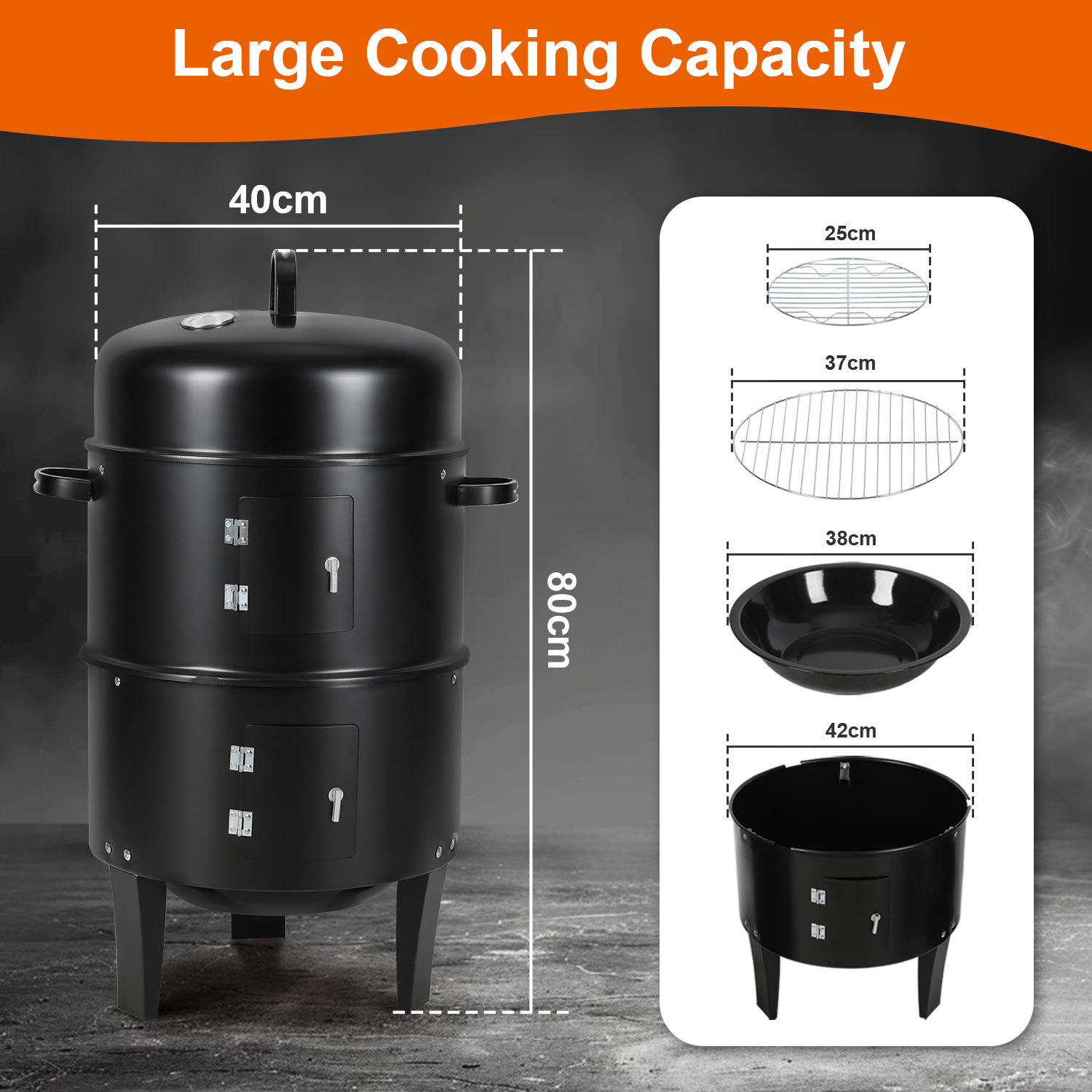 Image of 3-in-1 And Barbecue With Thermometer, Compact Charcoal With 2 Doors, 2 Levels And Adjustable Ventilation, Bbq For The Garden, Balcony And Camping