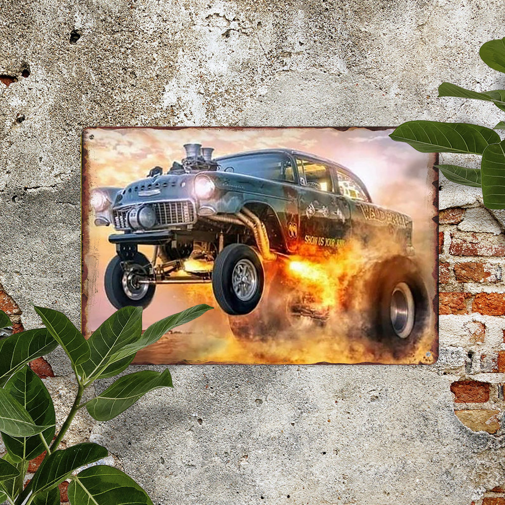 TEMU 2d Flat, 1pc Vintage Metal Wall Art - Classic Leaping Car Over Flames Retro Plaque, Dynamic Automotive Explosion , Iron Hanging Decoration For