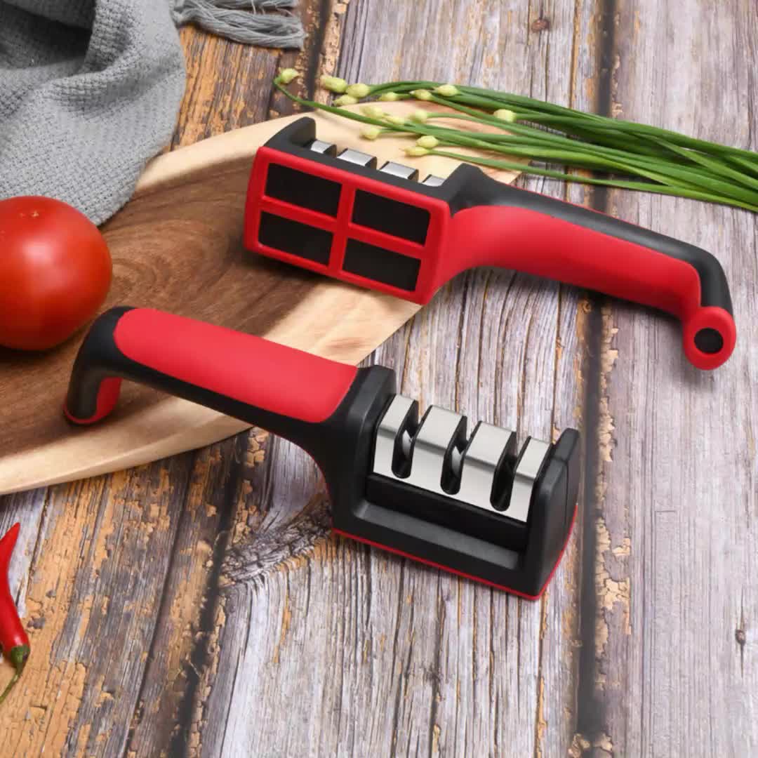 1pc Kitchen Multifunctional Three-stage Quick Sharpening Tungsten Steel Ceramic  Knife Sharpener With Three Slots In Black And Red