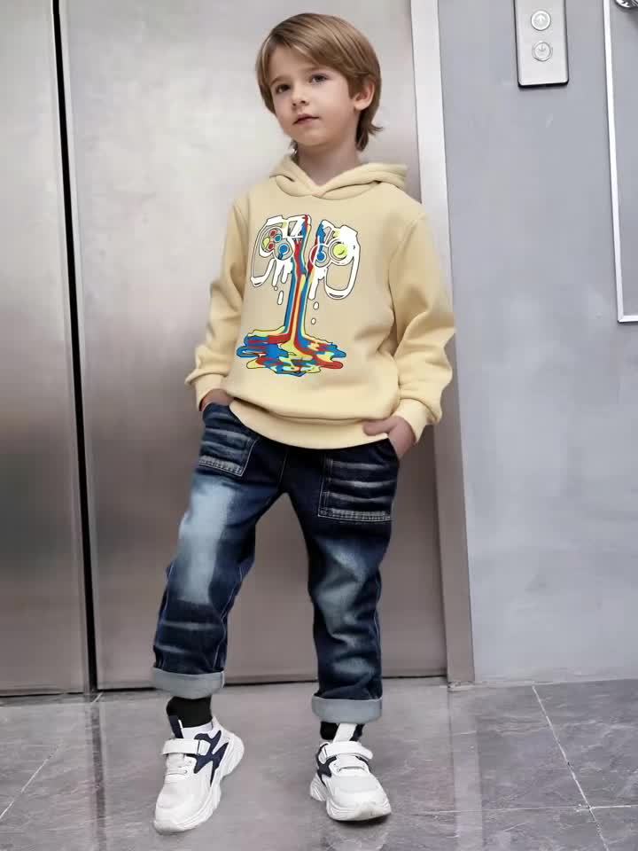 Autumn And Winter Boys' "game Controller" Creative Pattern Print Hoodie, Loose Thick Hooded Long-sleeved Sweatshirt + Fashionable Denim Pants Boys' Clothing, Casual Wear, Back-to-school Season Boys' Suit, Perfect for Outdoor - Image 11