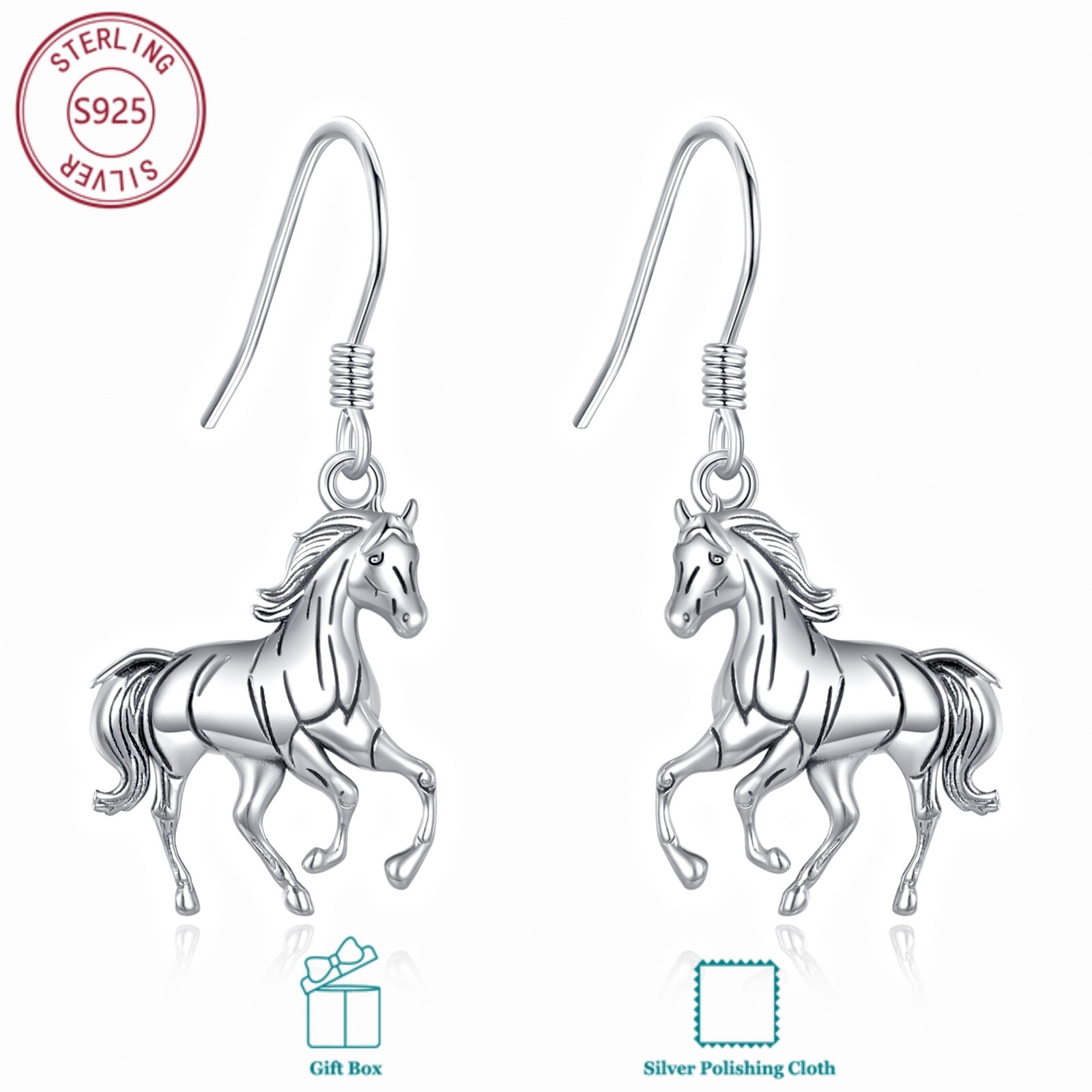 Image of S925 Sterling Silvery Horse Earrings For Daily Wear Christmas Gift Birthday Gift For Family And Boyfriend Hypoallergenic