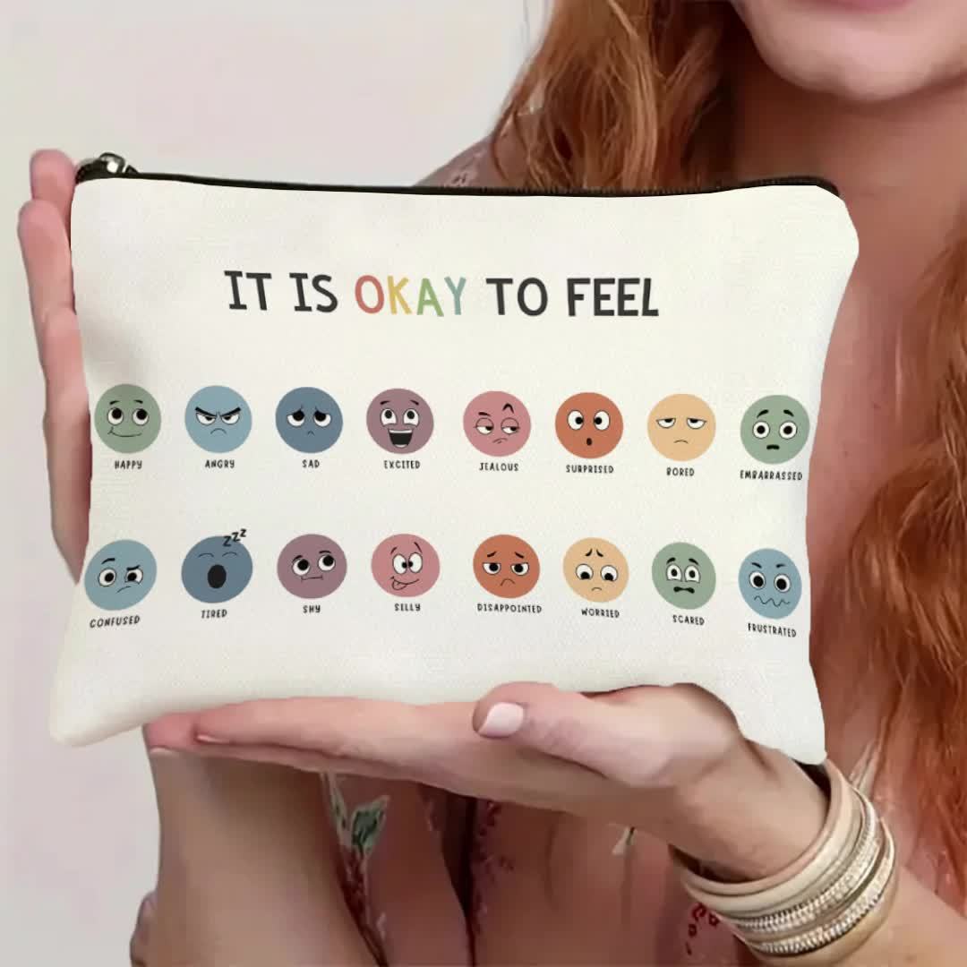 TEMU 1pc Double-sided Printed Fresh And Style " Okay To Feel" Emotional Makeup Bag, Mental Health Relax Series Storage And Organizer Pouch