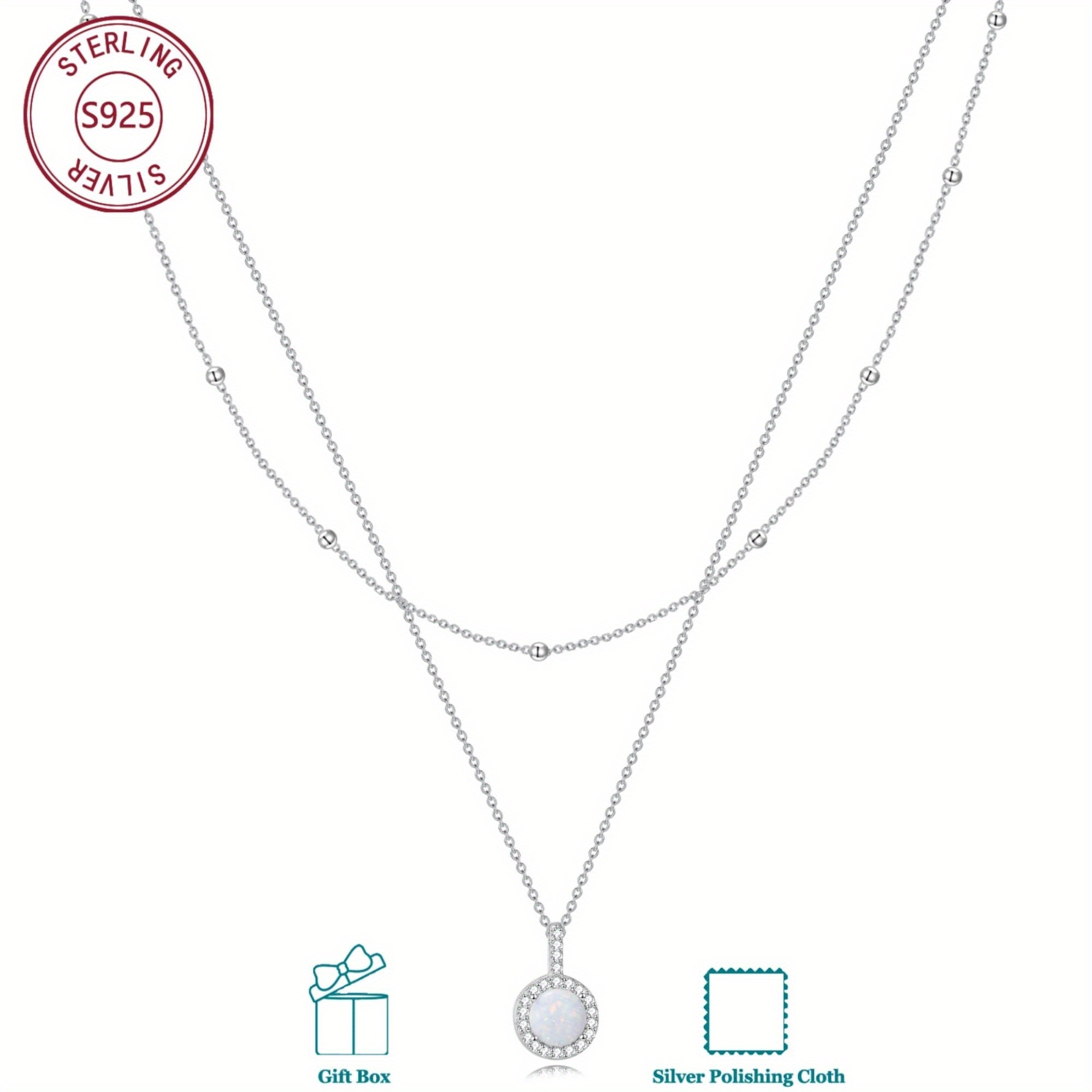 Image of 925 Sterling Silvery Synthetic Opal Layered Necklace With Synthetic Opal, Elegant Temperament Jewelry, Daily Matching & Gift Option, Light Beige-friendly & Anti-allergic, Suitable For Women' Wearing