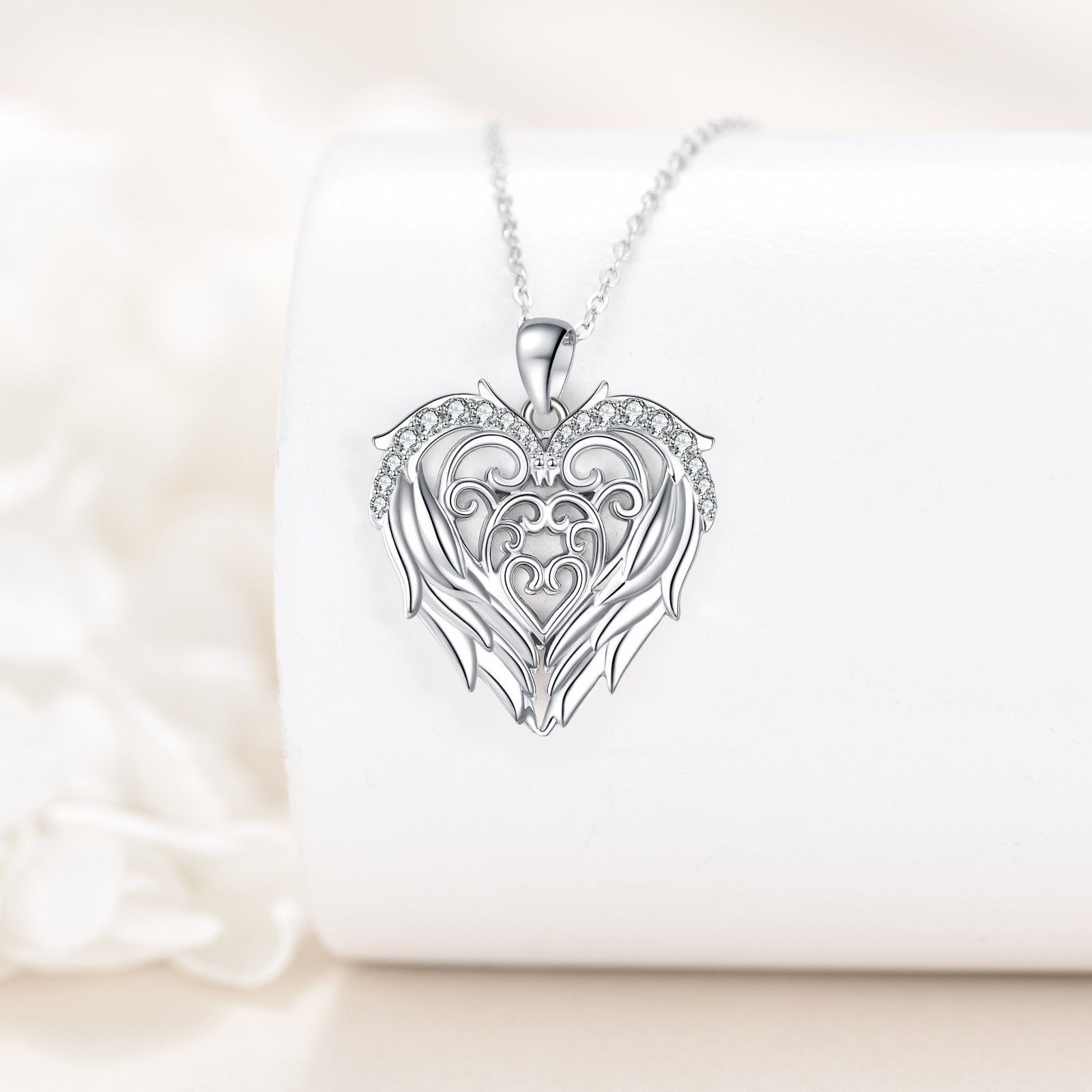 Sterling Silver Angel Wings Heart Pendant Necklace, Gift for Her