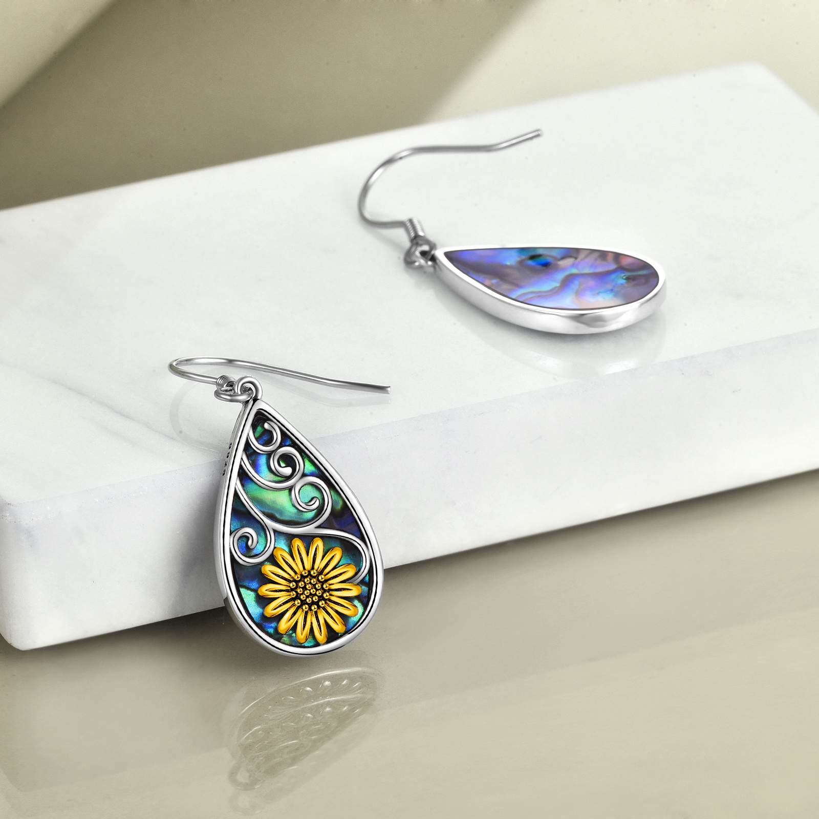 sunflower earrings for women 925 sterling silver teardrop abalone earrings dangle sunflower jewelry gifts birthday Product details 2
