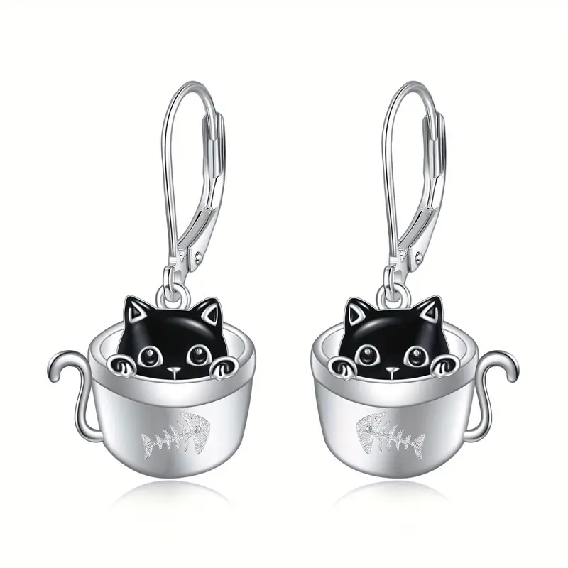 womens cat earrings 925 sterling silvery cup black cat dangle earrings cute animal earrings womens jewelry Product details 1