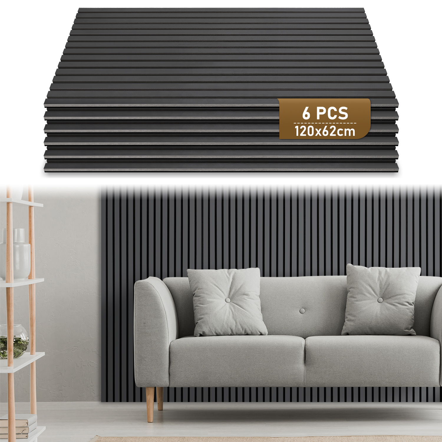 Set Of 6 Acoustic Panels, Wood, 120 X 60cm, 21mm Thick, Made Of Mdf And Pet Felt, Suitable For Noise Reduction In Living Rooms, Offices, And