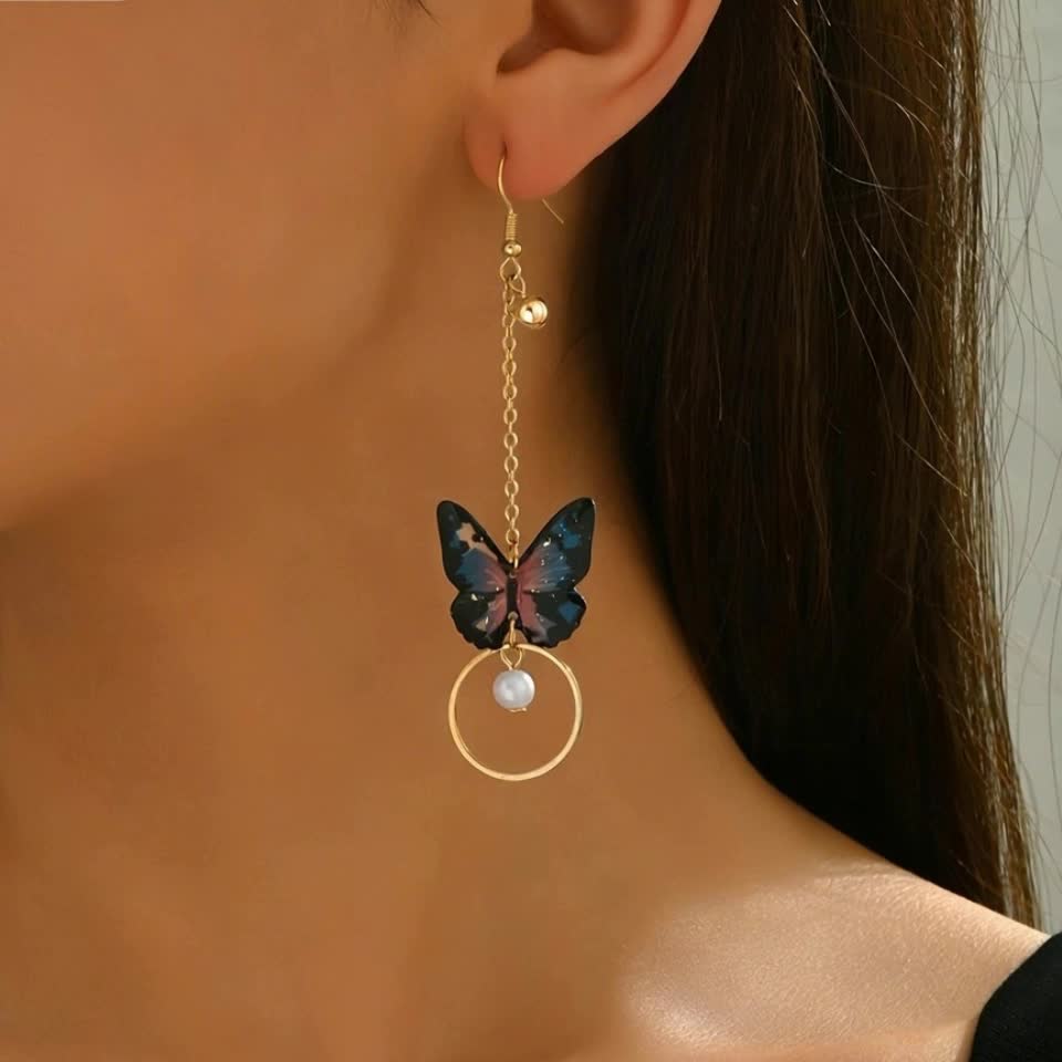 Women's Asymmetric Long Dangle Earrings with Butterfly & Tassel