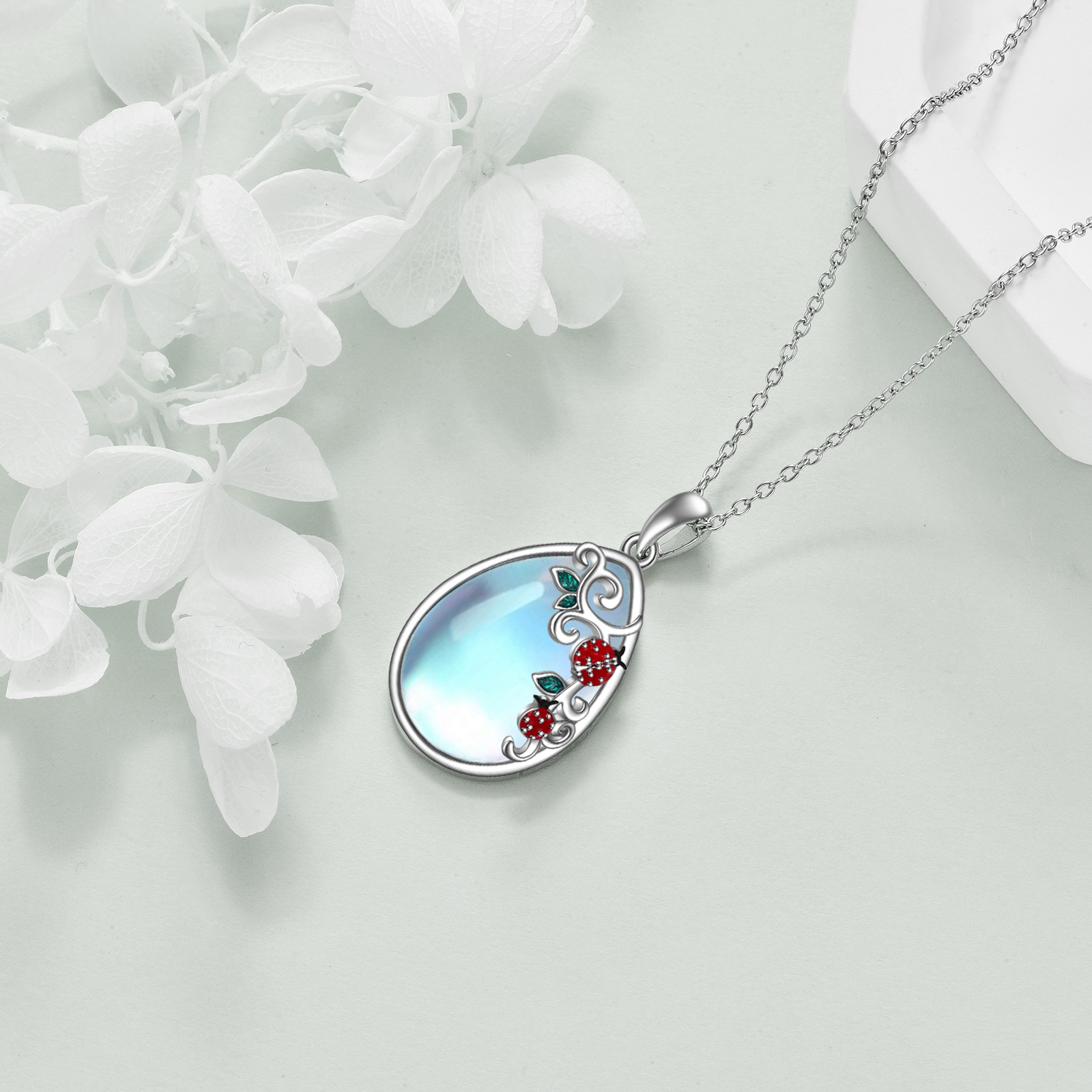 Red Ladybug Moonstone Mother Daughter Necklace Sterling Silver