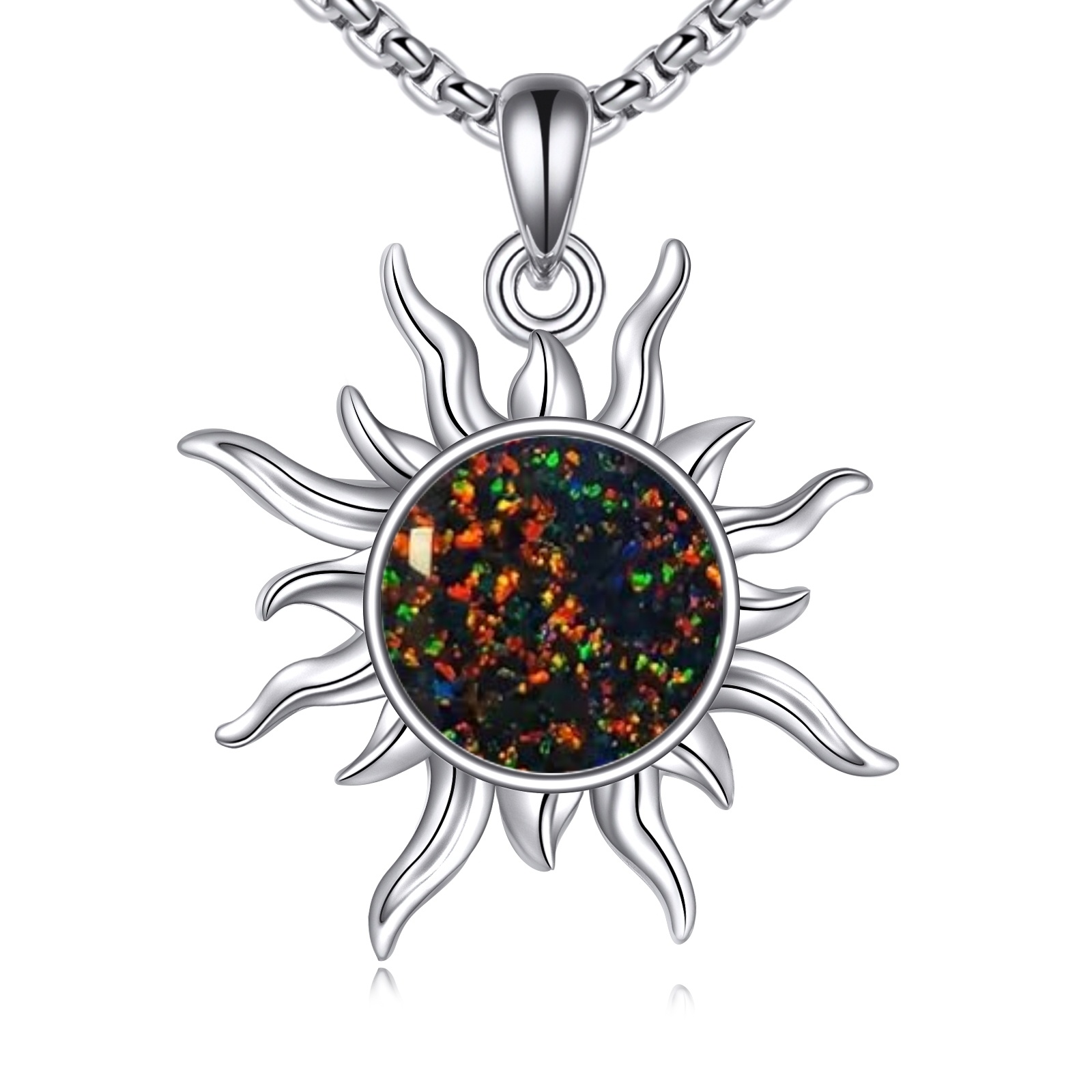 925 Sterling Silvery Synthetic Opal Sun Necklace For Daily Wear, Birthday Gift, Christmas Gift, Meaningful Gift For