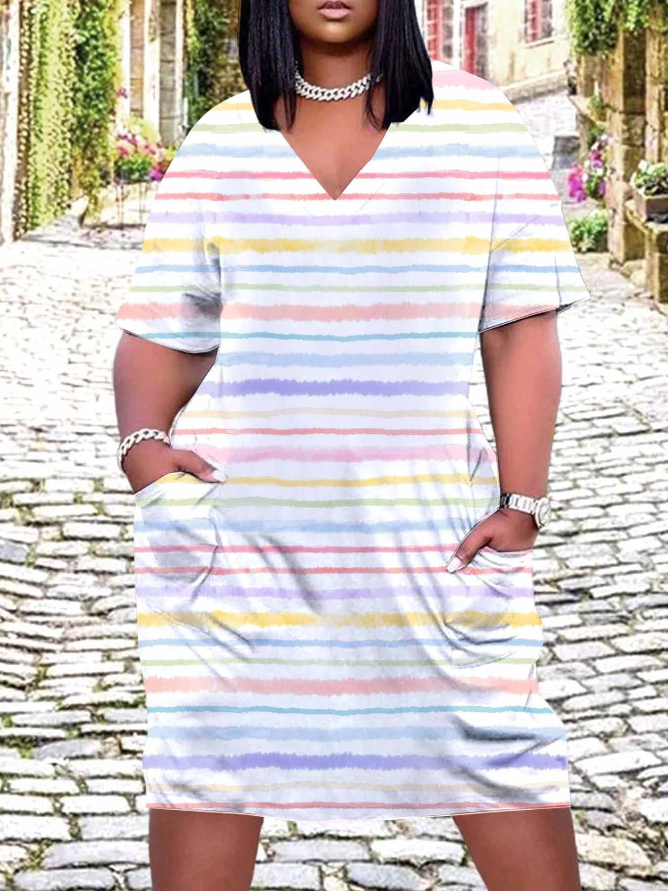 green emerald velvet dress CARCOS Plus Size Dress for Women V Neck Short Sleeve Dresses Black Striped  Knee Long Summer Dress with Pocket Rainbow Stripe T Shirt Dress XL 14W 16W  at Amazon Women's Clothing store