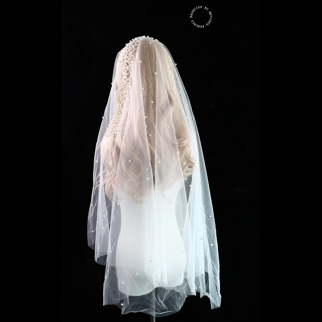 Wedding Baroque Faux Pearl Veil Accessory Long Veils with Comb, Hair Brush 1 Tier Bride Veil Lace Edge Tulle Veils Accessories,Temu