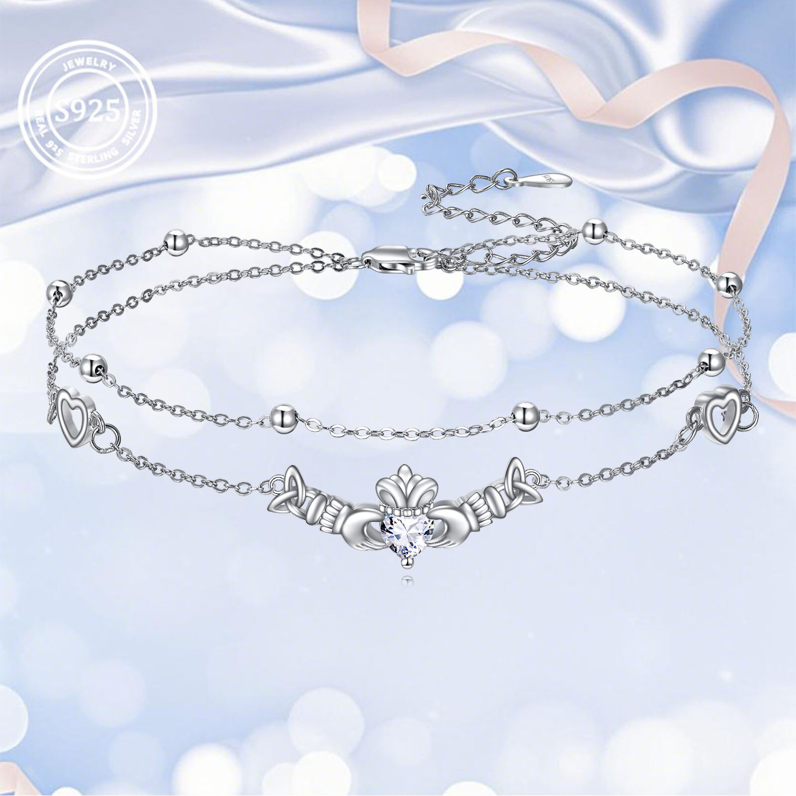 Image of Anklet 925 Sterling Silver Celtic Knot Adjustable Foot Layered Link Beach Ankle Bracelet Irish Jewelry Gift For Women