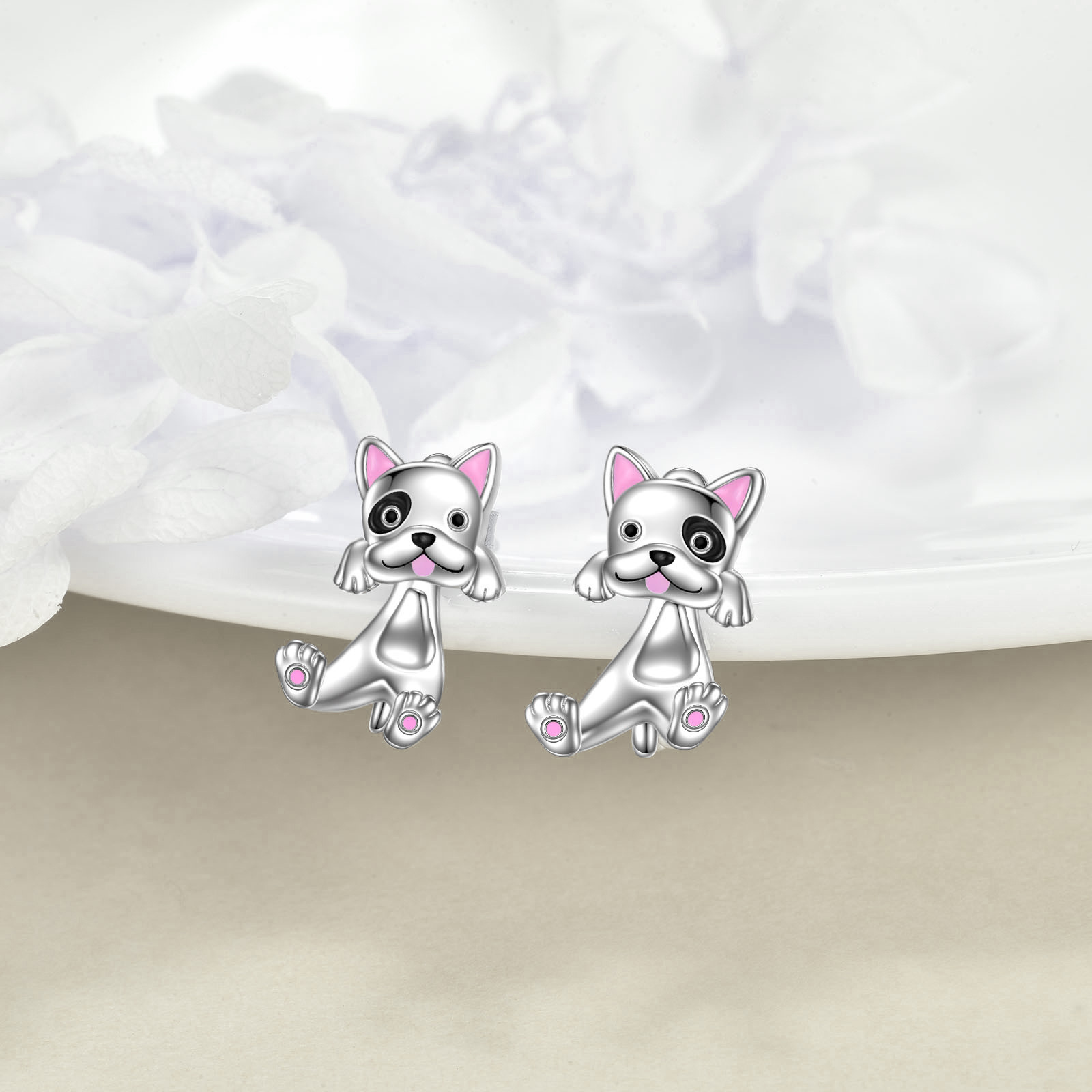 925 sterling silvery french bulldog dangle earrings dual layered design synthetic stone platinum plated   versatile jewelry for daily wear gifting cute earrings Product details 0