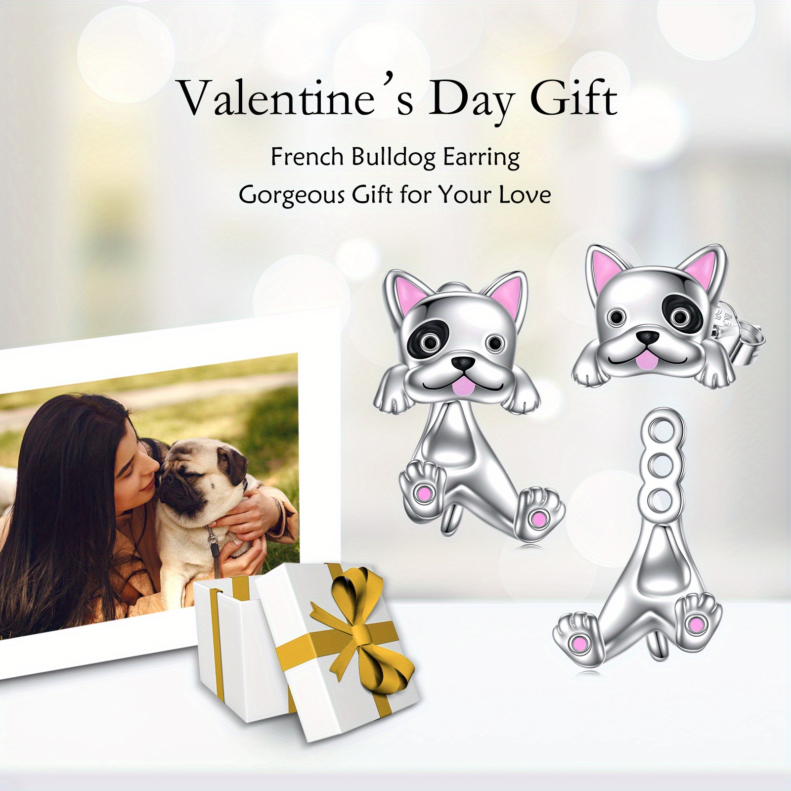 925 sterling silvery french bulldog dangle earrings dual layered design synthetic stone platinum plated   versatile jewelry for daily wear gifting cute earrings Product details 2