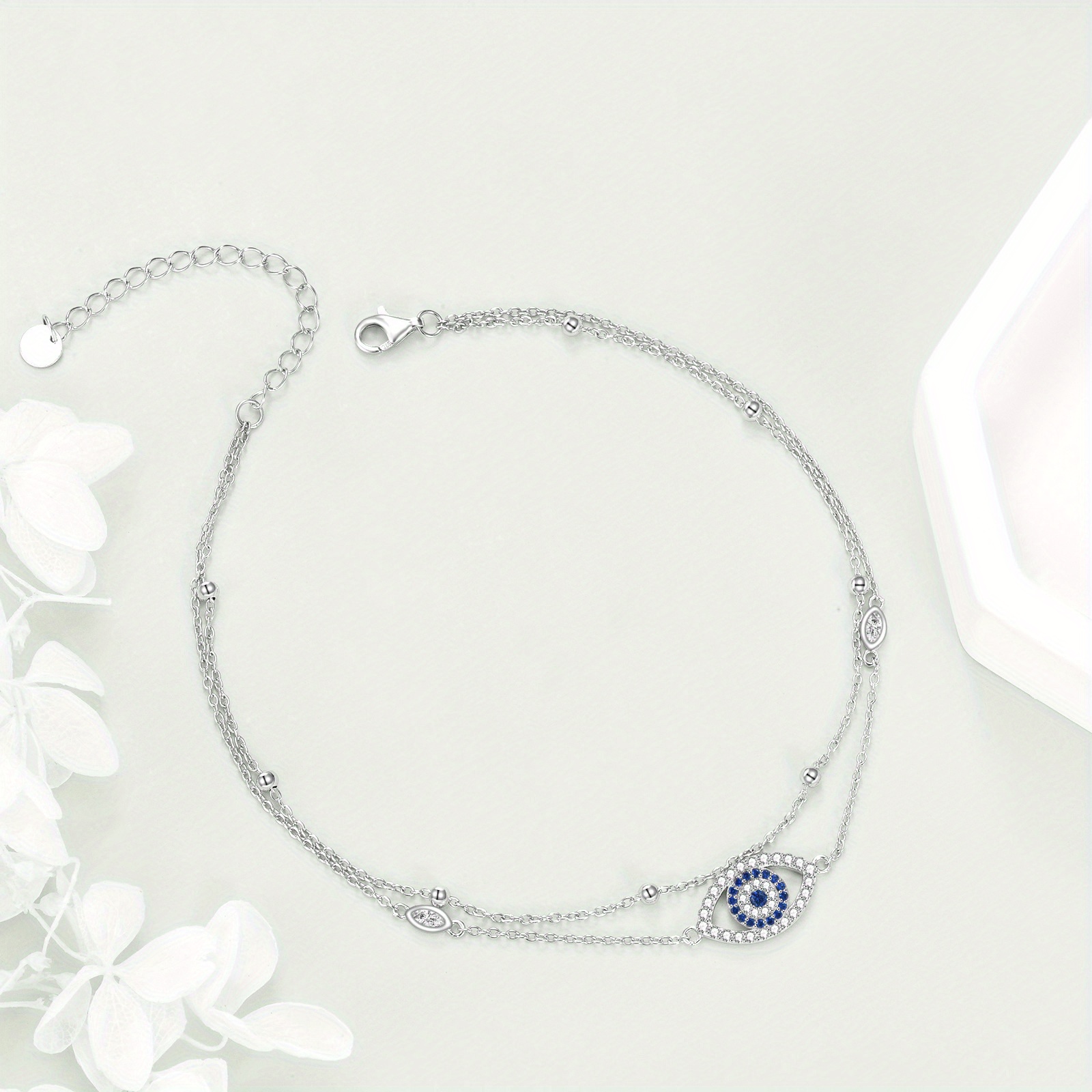 Double Layer Evil Eye Anklet Sterling Silver Adjustable Protection Amulet