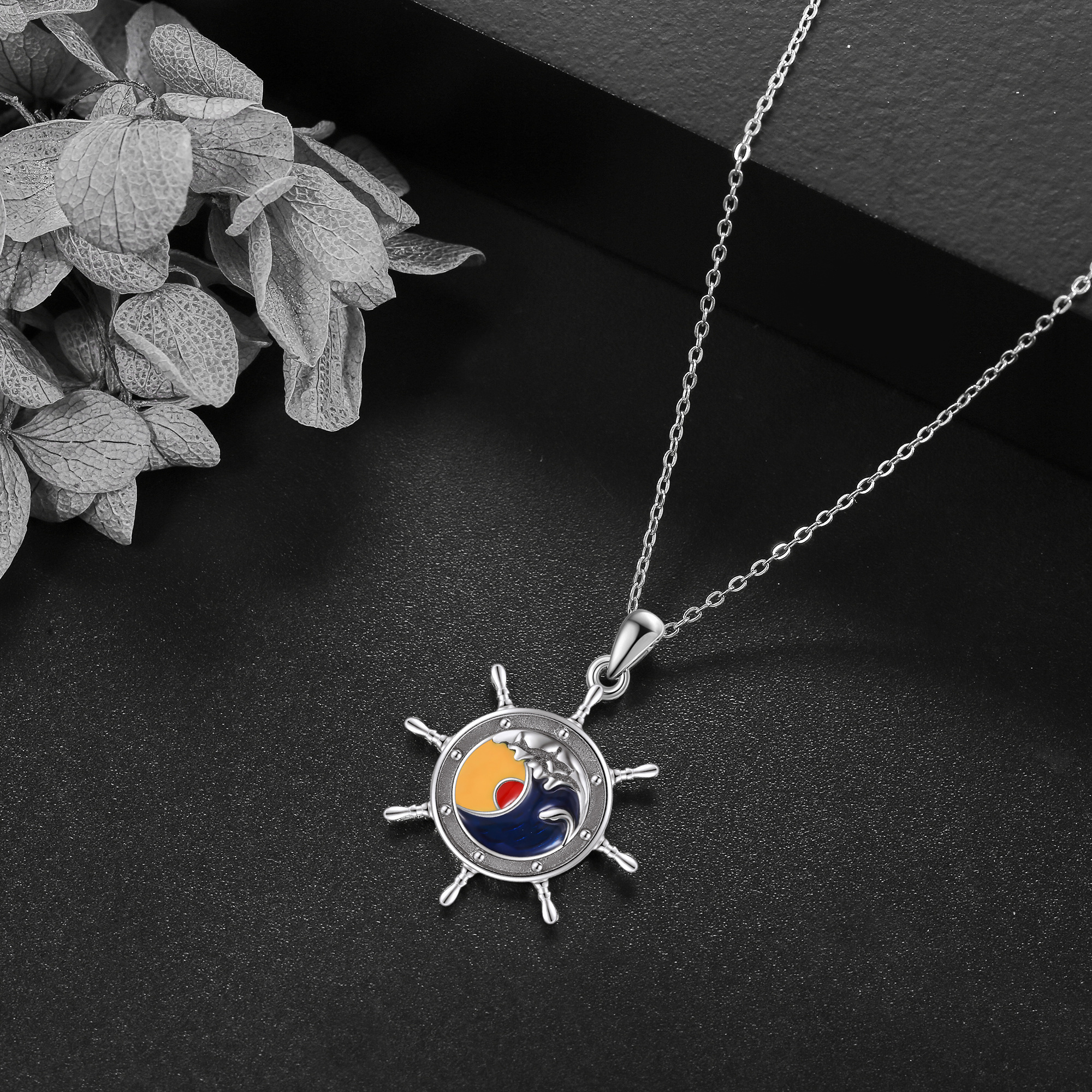 Nautical 925 Sterling Silver Rudder Wave Pendant Necklace