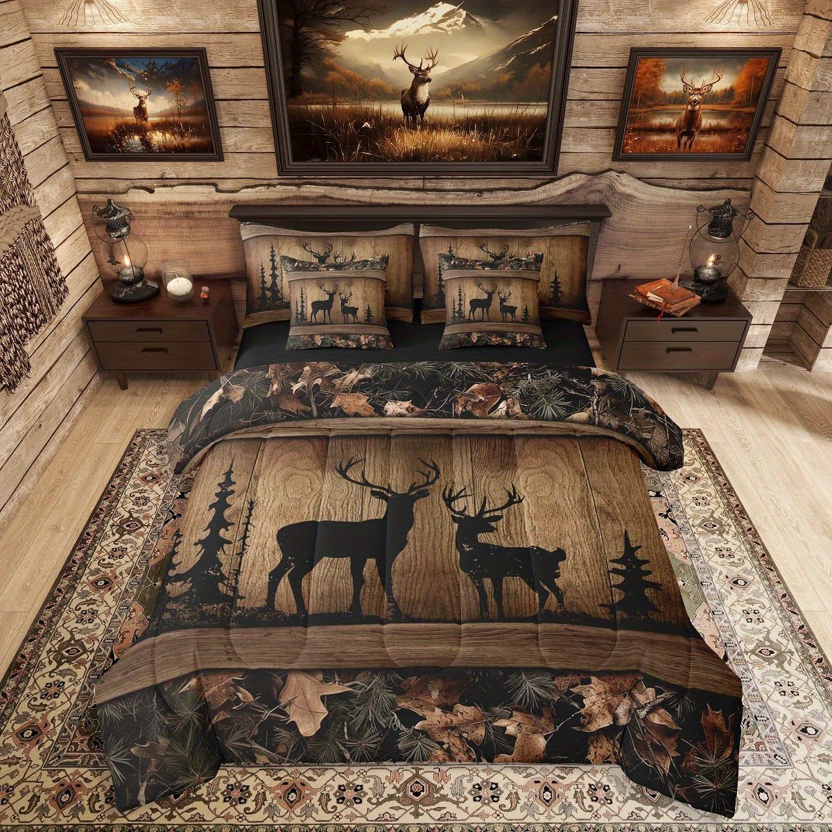 TEMU Erosebridal 7pcs Rustic Cabin Bedding - Ensemble de couette Camo Hunting Deer, lit de ferme avec animaux, lit en sac pour hommes adolescents,