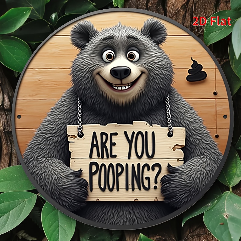 TEMU 2d Flat - 1pc Of A Hanging Sign Featuring A Cartoon Gray Bear Holding A Message About Bathroom Use, Ideal For Room Decoration, Retro Wall Art