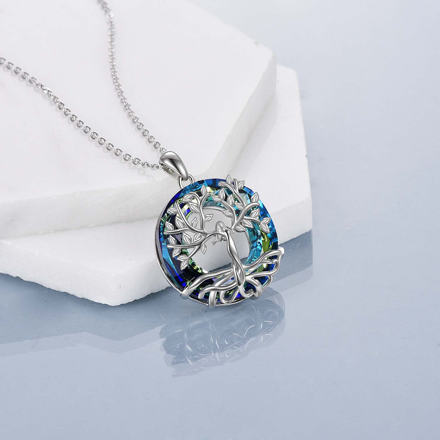 Women's 925 Sterling Silver Tree of Life Necklace with Blue Crystal