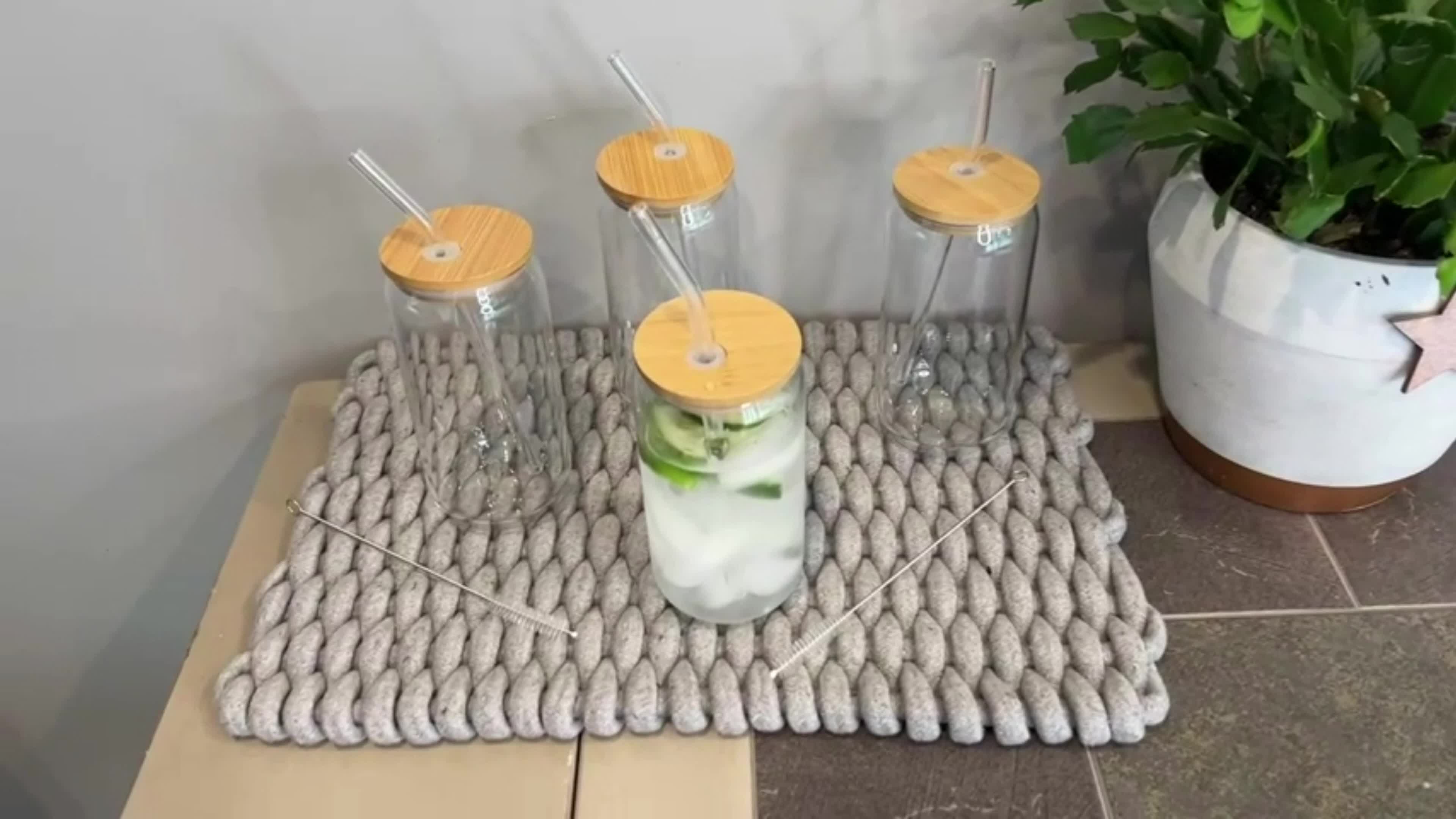 Drinking Glasses With Bamboo Lids And Glass Straw Set Can - Temu
