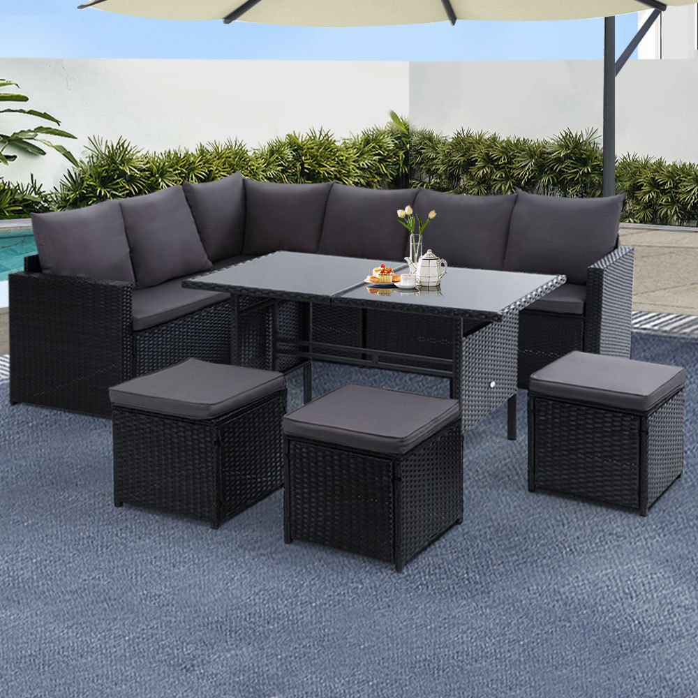 TEMU Gardeon Outdoor Dining Set Sofa Lounge Setting Chairs Table Ottoman Lawn Black