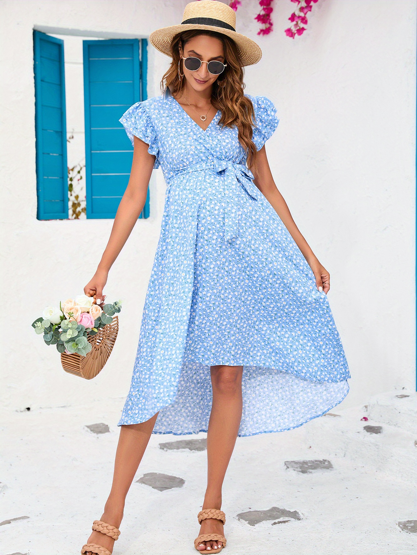 flowy maternity dress Women's Casual V-Neck A-Line – Midi For Baby Shower, Photoshoot & Everyday Maternity Dress For Baby Shower LIVEONSITE